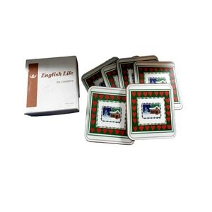 English Life Six Cork Back Christmas Coaster Set Snow House Hearts Holly Holiday